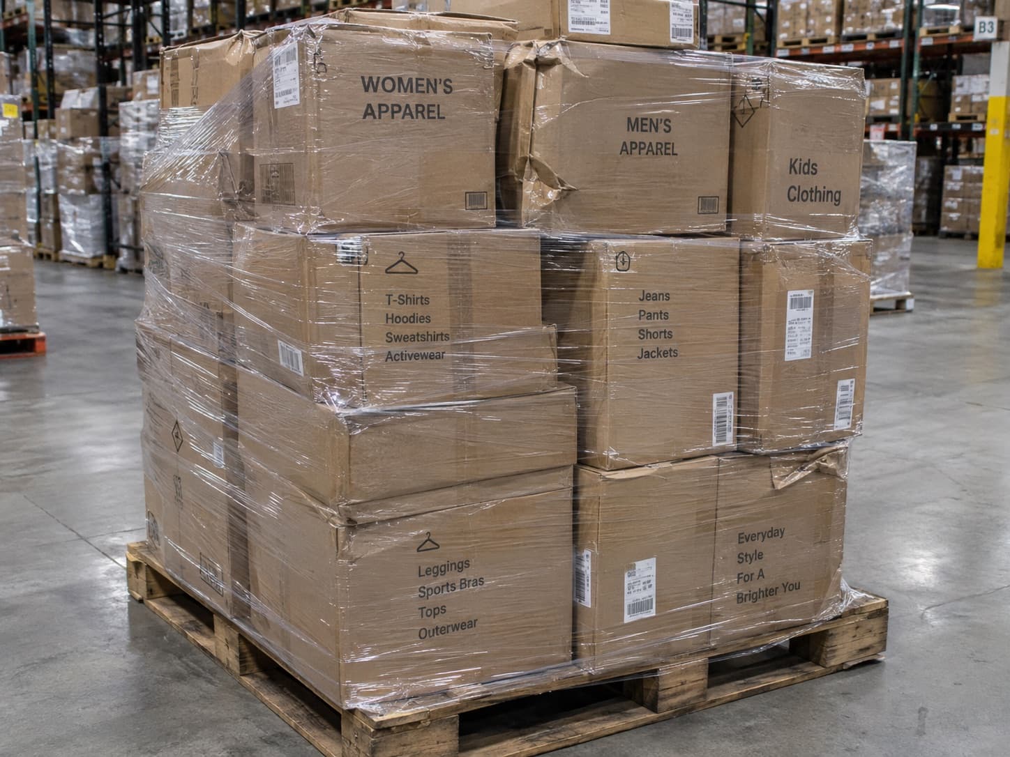 Palletized boxes of mixed women's, men's and kids apparel sorted by category