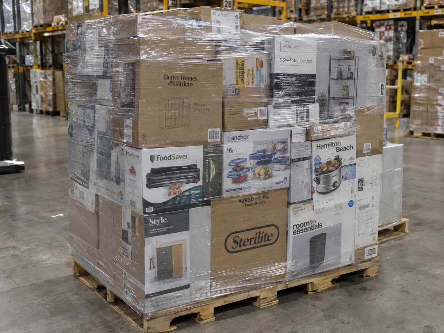Pallet of mixed home and kitchen merchandise including storage furniture, cookware and small appliances