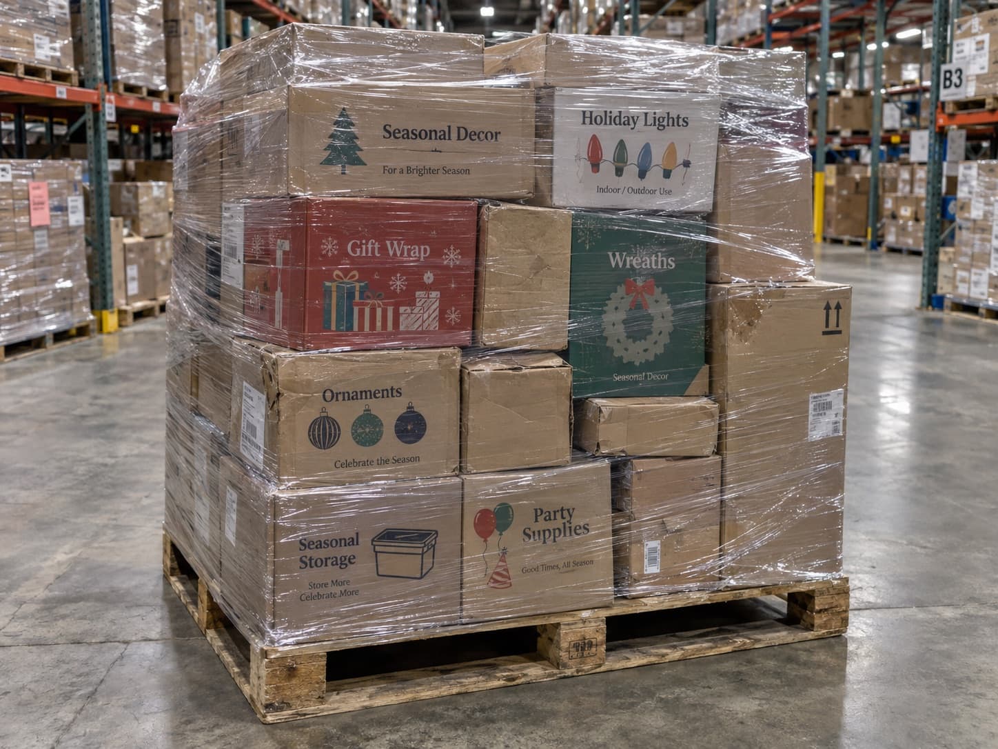 Pallet of holiday seasonal merchandise including decor, ornaments, gift wrap and party supplies