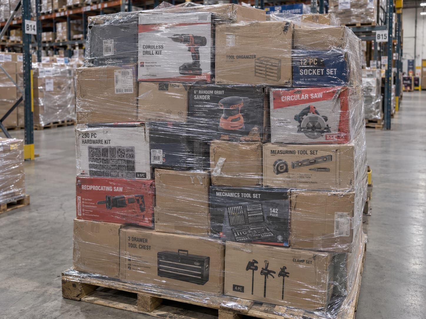Pallet of mixed power tools including drills, saws and tool storage