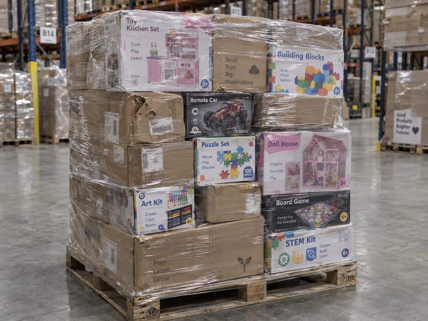 Pallet of mixed toys including building blocks, dollhouses and board games